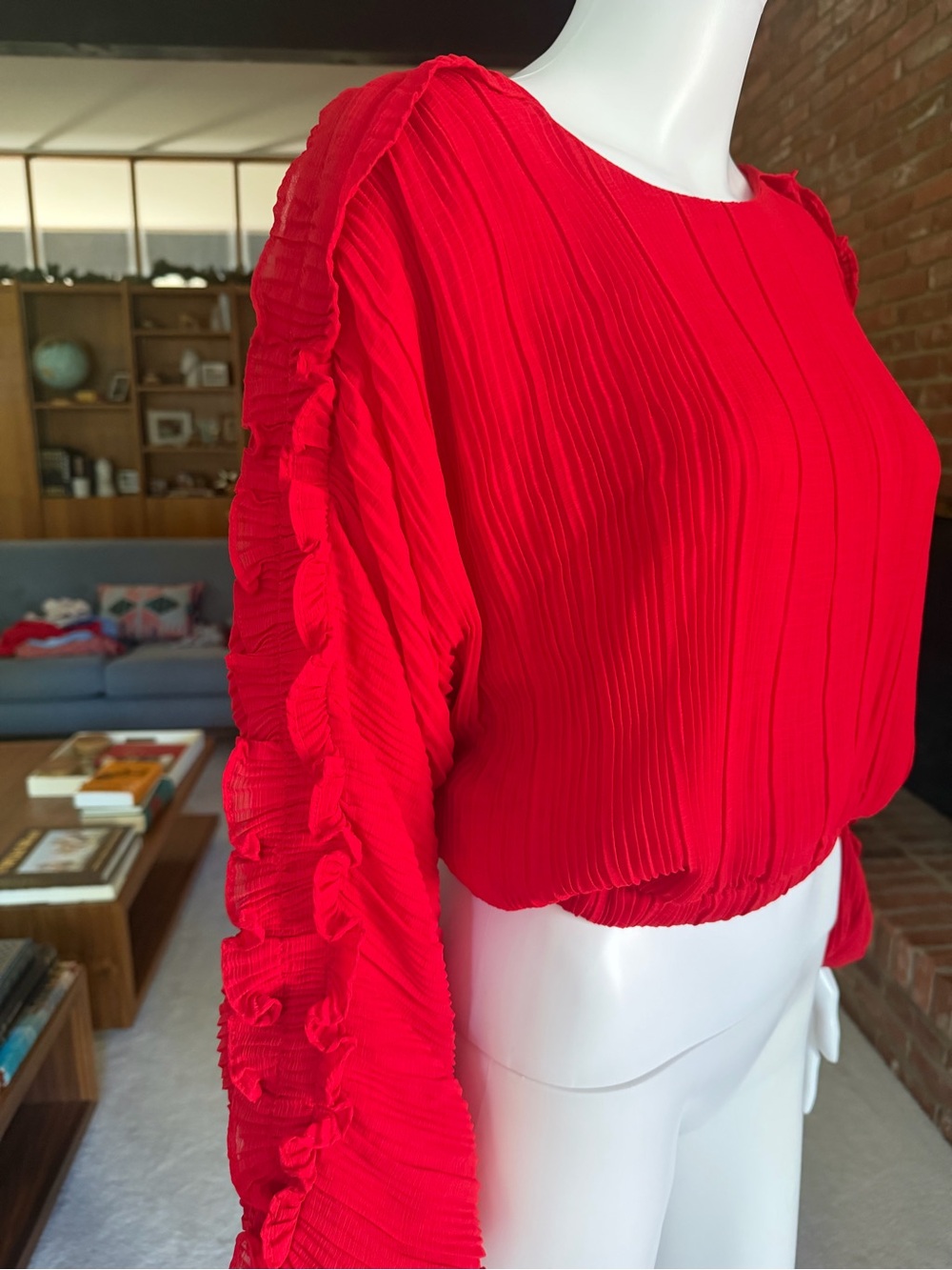 Endless Rose Red Pleated Ruffle-Sleeve Blouse